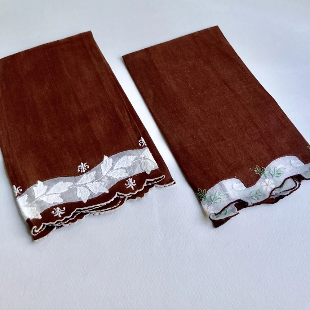 Set of 2 Scalloped Cocoa & White Floral Embroidered Linen Tea Towels